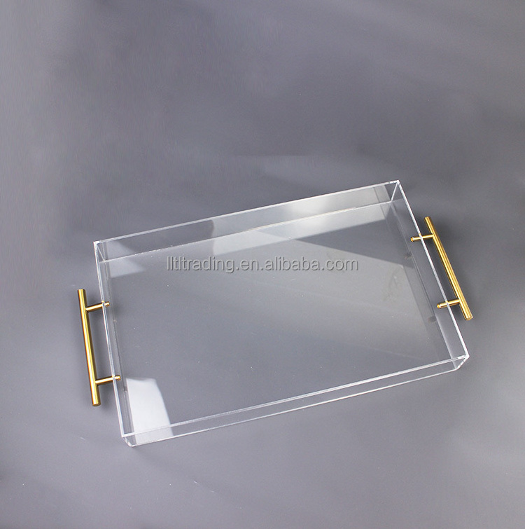 Customize luxury acrylic bed tray with gold/silver handles for breakfast home hotel transparent plexiglass lucite plastic tray