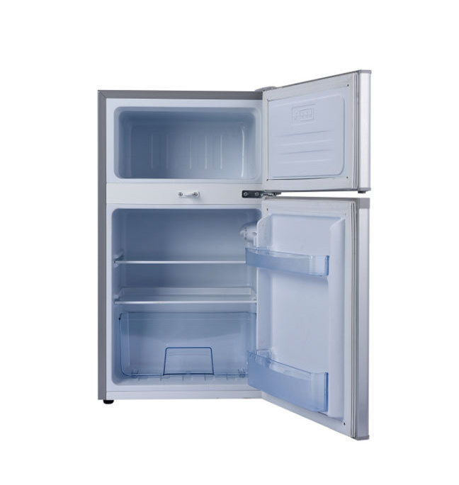 Double door solar power fridge 108L top freezer small refrigerator 12/24v with lock fast cooling