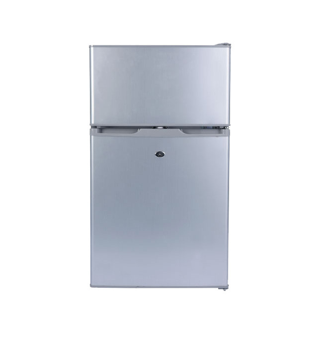 Double door solar power fridge 108L top freezer small refrigerator 12/24v with lock fast cooling