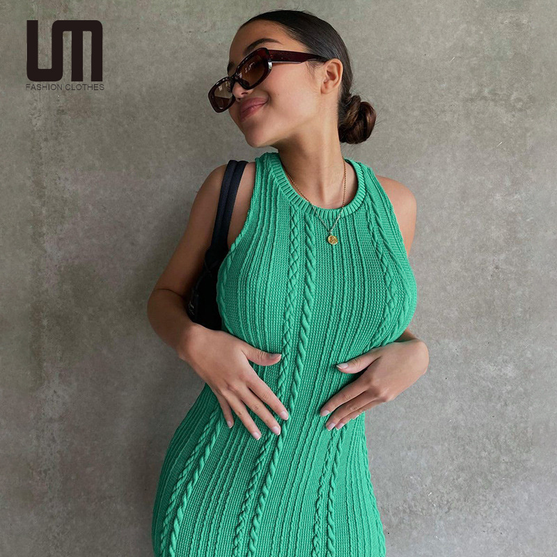 Liu Ming Women Club Clothing Sleeveless O Neck Crochet Solid Sexy Party Elegant Y2K Fashion Sweater Dress