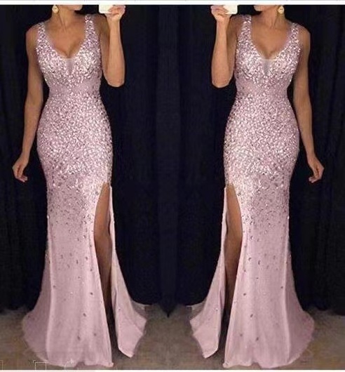 Liu Ming High End Women Fashion Elegant Sequins Lace Dubai Saudi Arabic Prom Gowns Party Slit Evening Dress