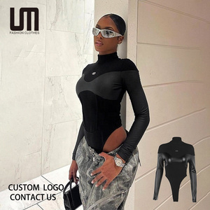 Liu Ming Custom Logo Fall Fashion 2024 Trending Women Black Turtleneck Faux Leather Bodysuit High Waist Casual Jumpsuit