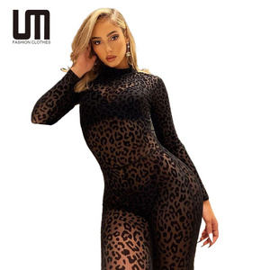 Liu Ming Women Fashion Autumn Winter Long Sleeve Mesh See Through Bodycon Jumpsuit