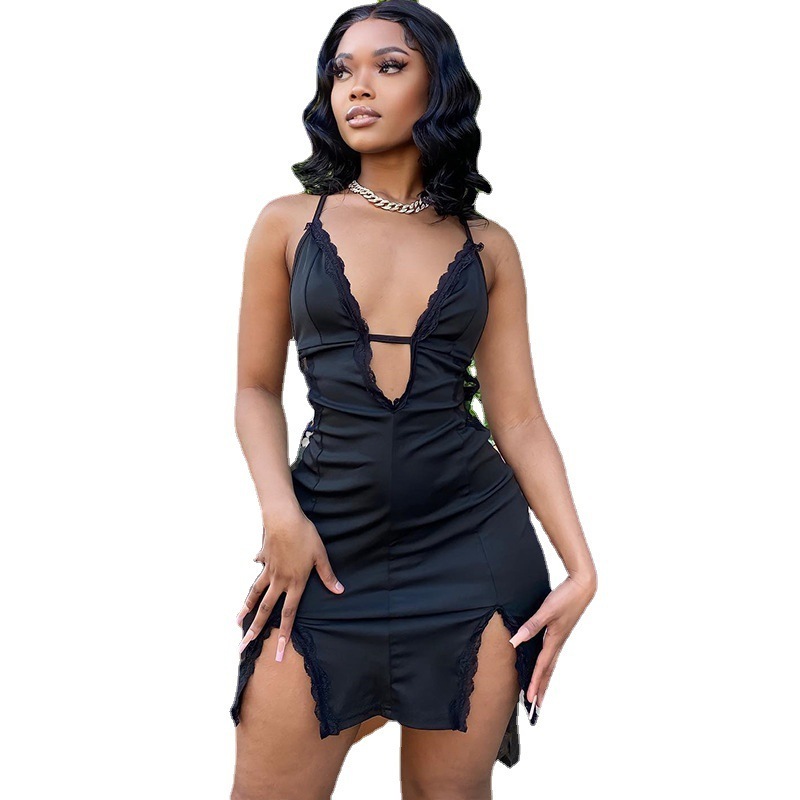 Liu Ming Hot Selling Women Clothing Sexy Hollow Out Lace Night Party Club Slit Short Mini Dress