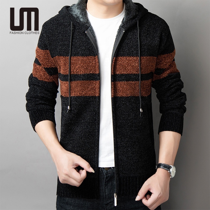 Liu Ming Autumn Winter Fashion 2024 New Clothes Slim Fit Patchwork Long Sleeve Hooded Knitted Coat Cardigan Sweater For Men