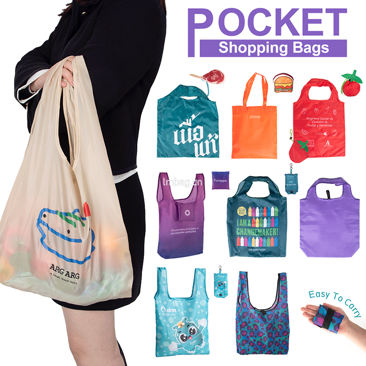 Foldaway Tote Bag Custom Print Recycled Rpet Sublimation Foldable Shopping Bag With Pouch