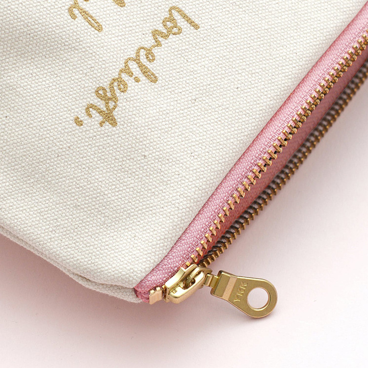 Custom Small Eco Friendly Blank Gold Zipper Make Up Pouch Recycled Plain Cotton Canvas Makeup Cosmetic Bag With Personal Logo