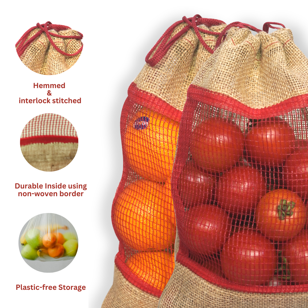 Easy to Carry Fruit Vegetables HDPE Red Mesh Window Eco-friendly Customized Logo Jute Drawstring Pouch Bags at Low Market Price