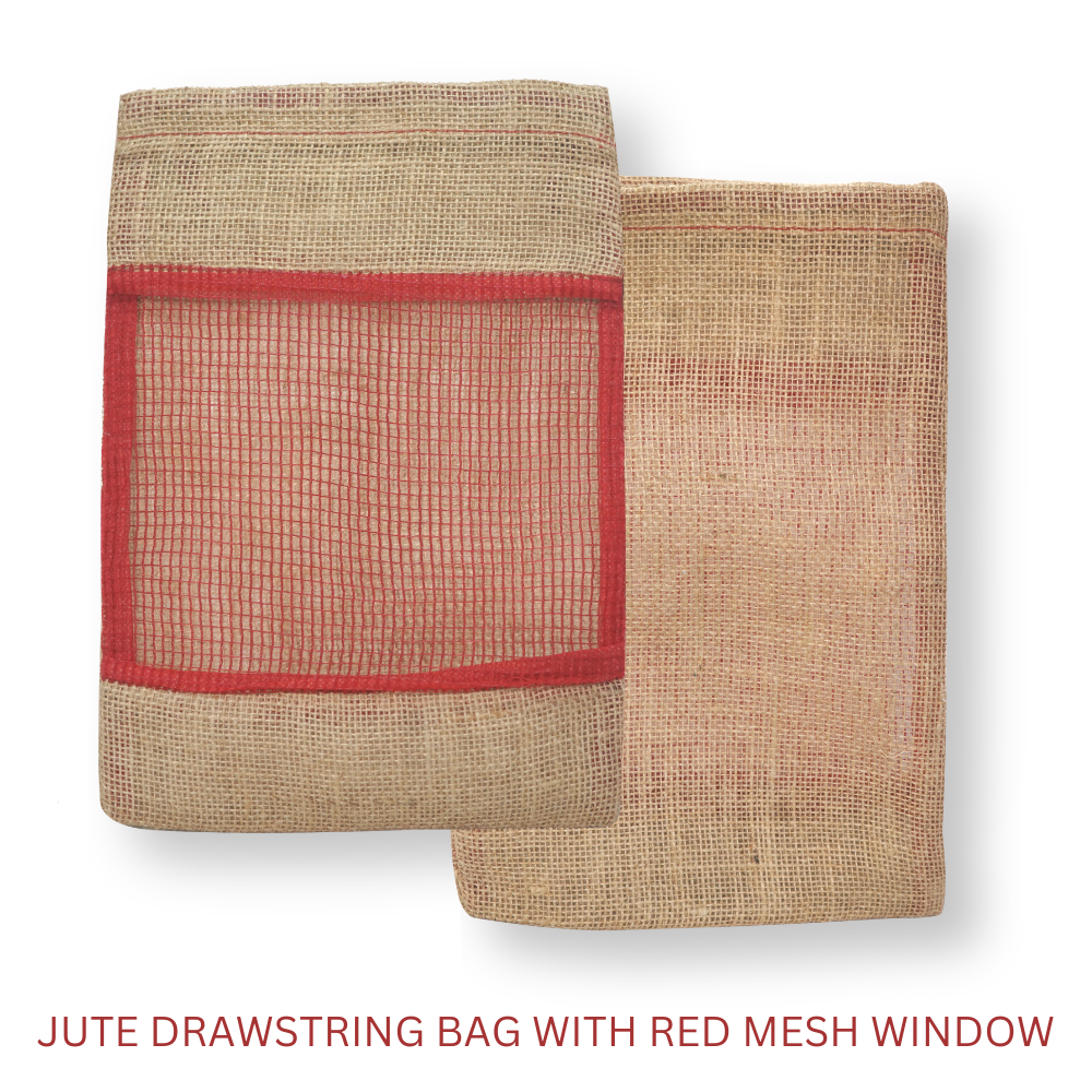 Easy to Carry Fruit Vegetables HDPE Red Mesh Window Eco-friendly Customized Logo Jute Drawstring Pouch Bags at Low Market Price