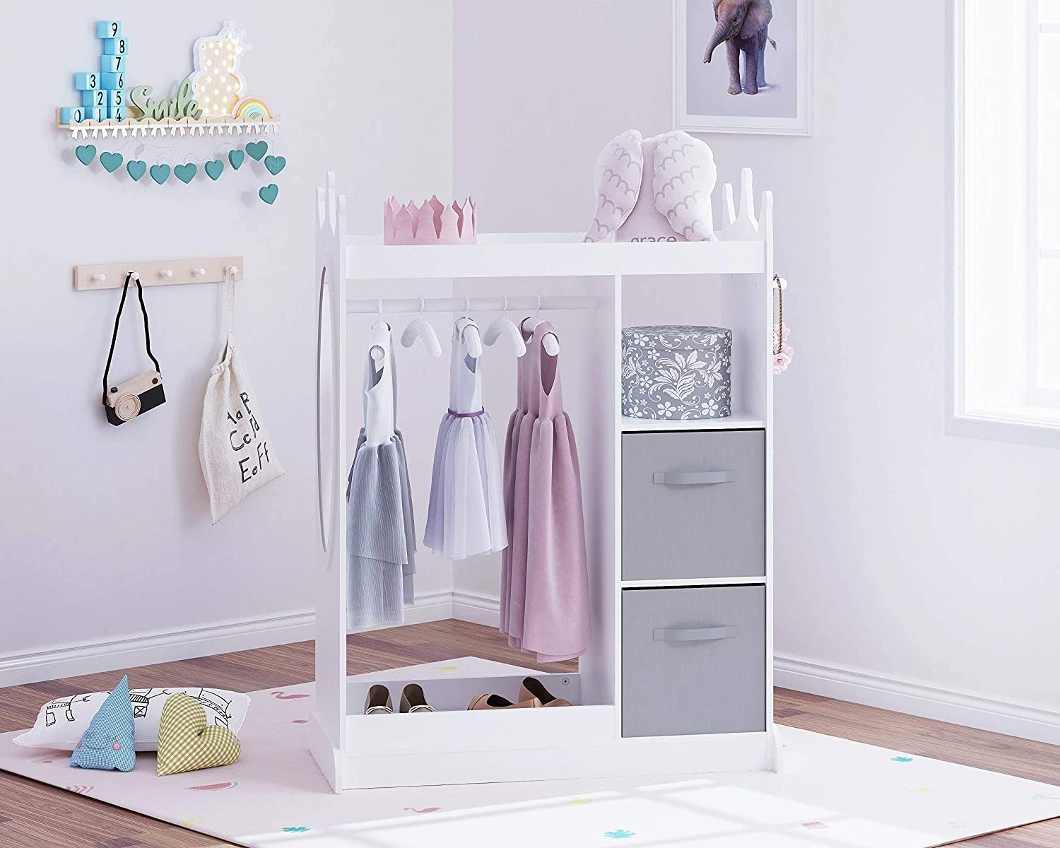 LM KIDS Wood Dress up Storage with Mirror Toddler Armoire Dresser with Mirror Costume Closet for Kids Pretend Storage Closet