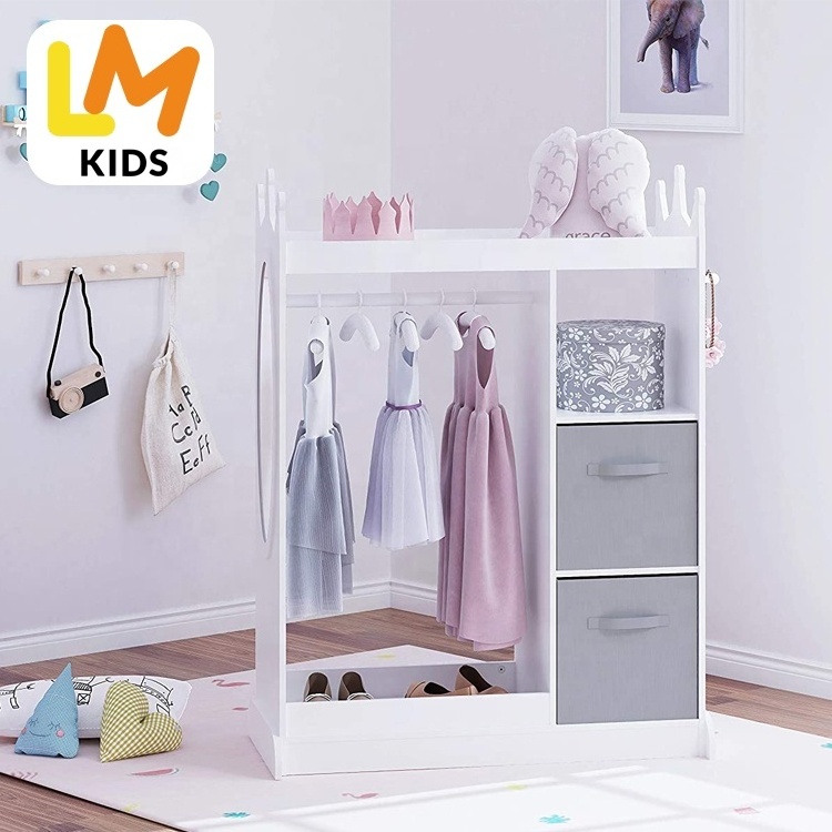 LM KIDS Wood Dress up Storage with Mirror Toddler Armoire Dresser with Mirror Costume Closet for Kids Pretend Storage Closet