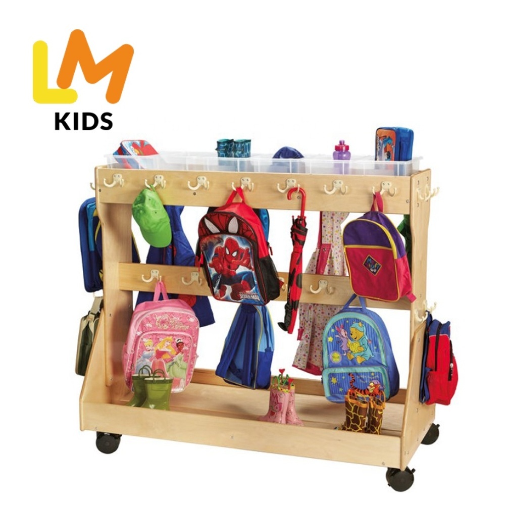 LM KIDS Wooden Backpack Cubbies Lockers Storage Organizer With Hooks For Montessori Daycare School Toddlers MOBILE BACKPACK CART