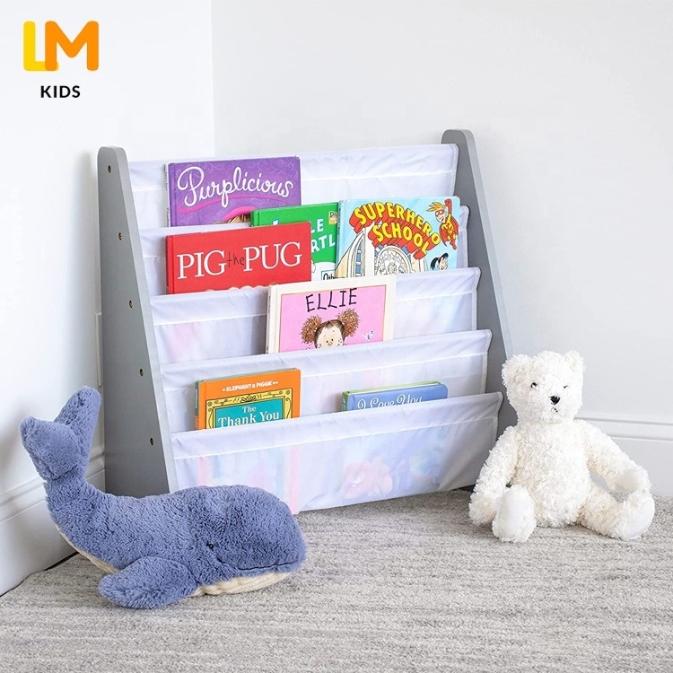 LM KIDS  Nursery Wooden Kids Sling Bookshelf with Pocket Storage Book Rack  For Montessori Classroom Home Kids Bookcase