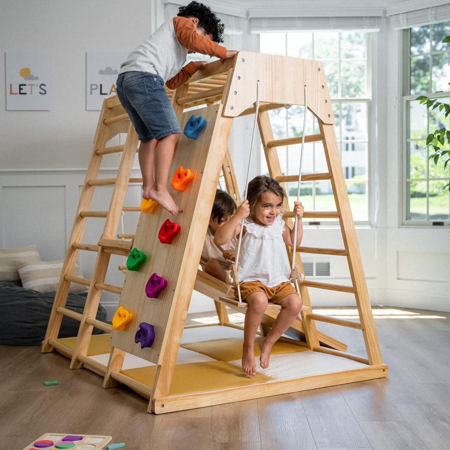 LM KDIS children jungle gym Kids Indoor Wooden Jungle Play Gym Playground Montessori Triangle Climbing Frame For Children