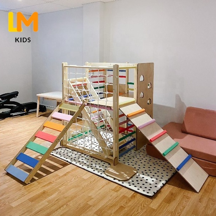 LM KIDSMontessori  Indoor  Climbing Frame Wooden Toys Game With Slide Swing Ramp Sets Kids Pickler Toddler GYMs kids gym