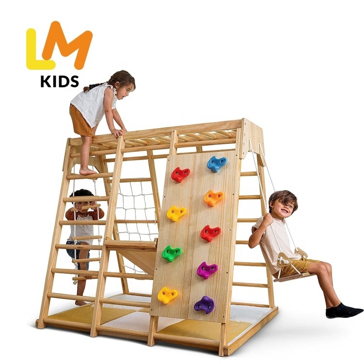 LM KDIS children jungle gym Kids Indoor Wooden Jungle Play Gym Playground Montessori Triangle Climbing Frame For Children