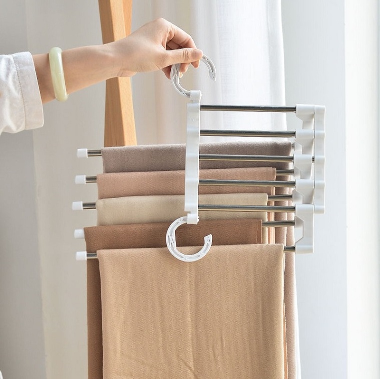 LM2018 space saving 5 in 1 Multi Layer Magic Folding Stainless Steel Clothes Trouser Hanging Rack pants hijab hanger