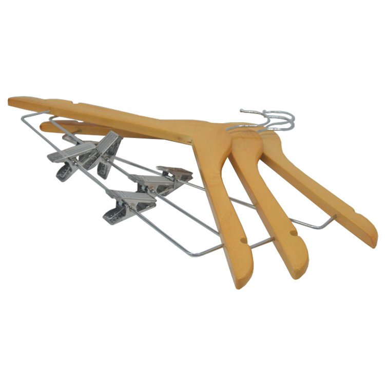 wholesale hanger clothes shop rack  hanging pants natural wood cloth hanger for clothing with clips