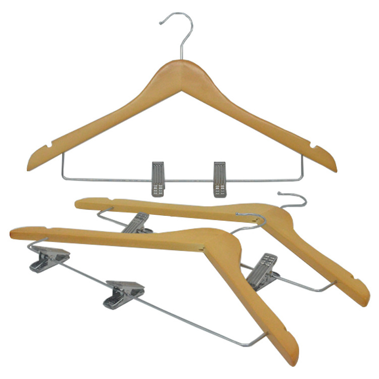 wholesale hanger clothes shop rack  hanging pants natural wood cloth hanger for clothing with clips