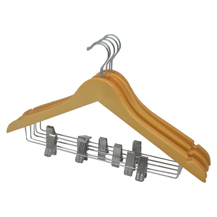 wholesale hanger clothes shop rack  hanging pants natural wood cloth hanger for clothing with clips