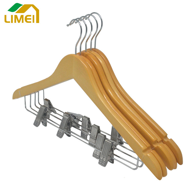 wholesale hanger clothes shop rack  hanging pants natural wood cloth hanger for clothing with clips