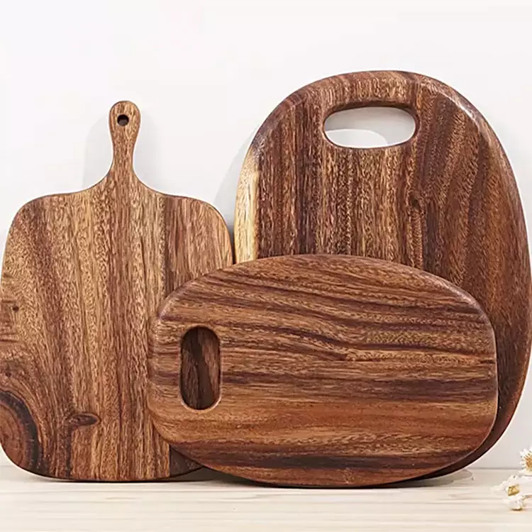 wholesale laser logo dark light kitchen bulk bamboo acacia beech walnut olive oak teak wood chopping cutting board with handle