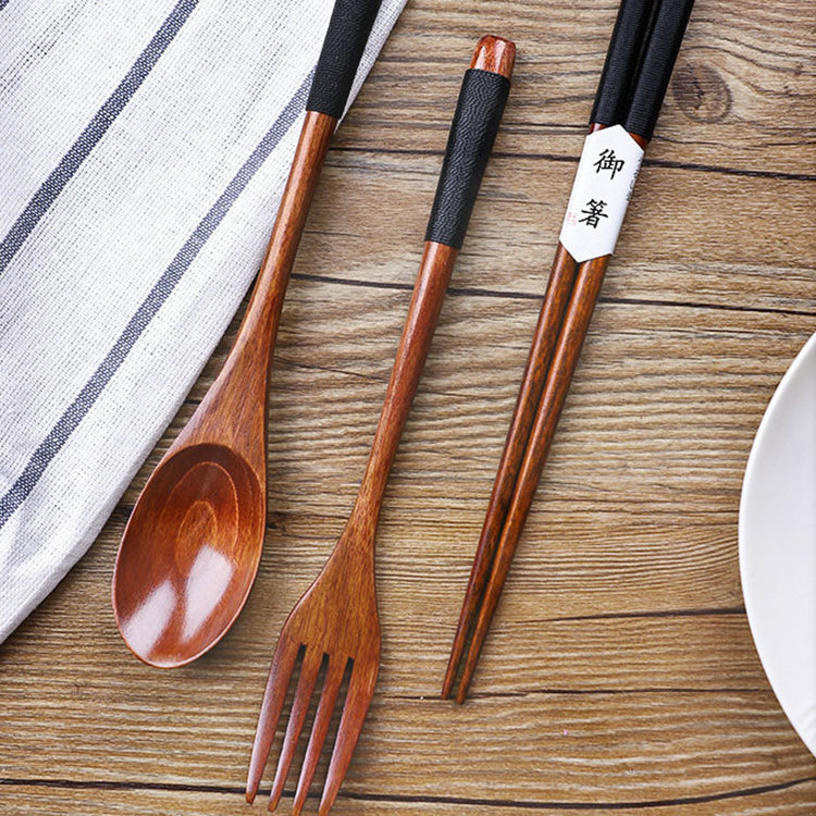 japanese personalizing eco friendly adult portable long handle solid wood spoon fork chopsticks cutlery set with cloth bag