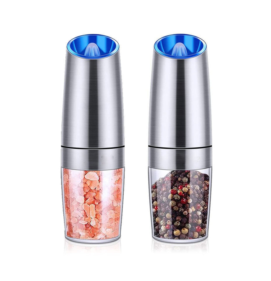 wholesale Price hot sale stainless steel black electric gravity salt and pepper grinder set with blue light