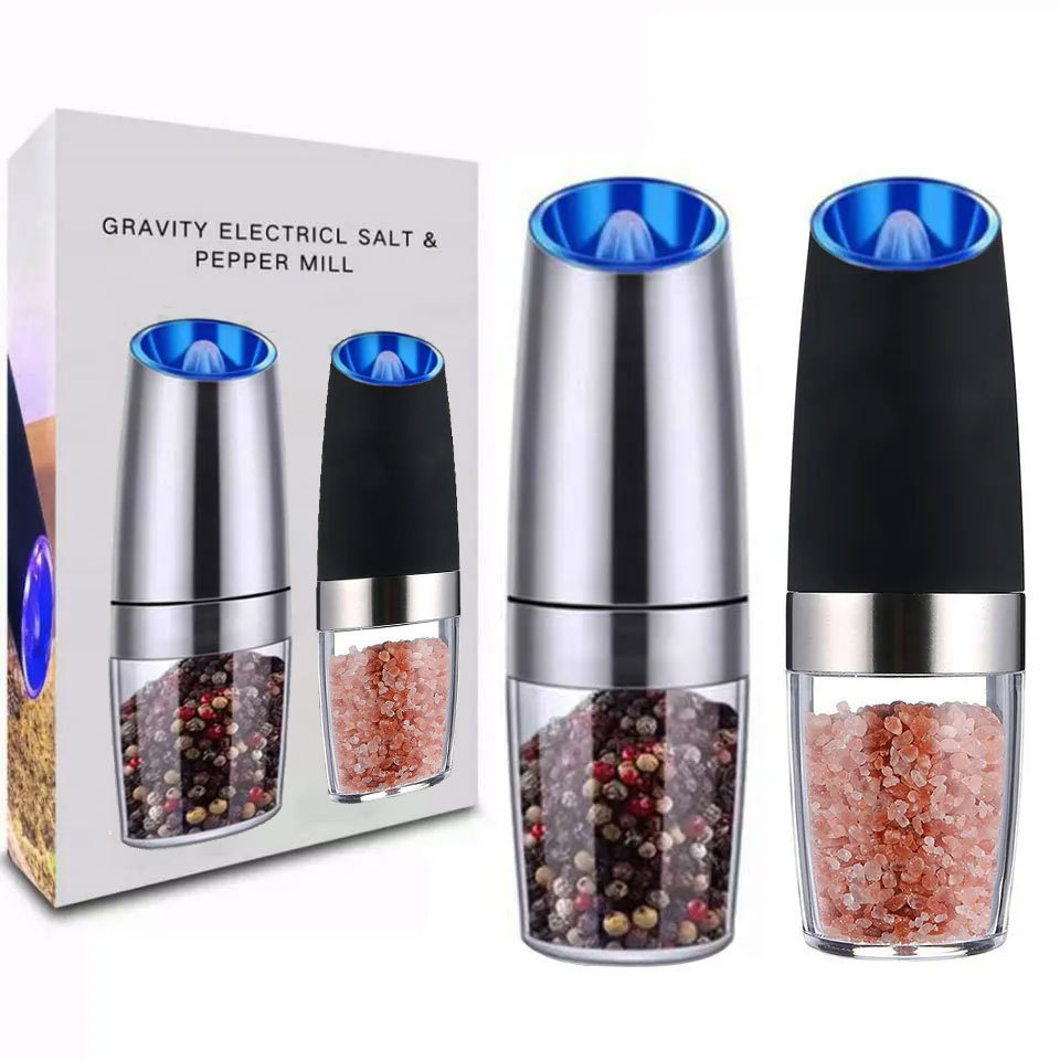 wholesale Price hot sale stainless steel black electric gravity salt and pepper grinder set with blue light