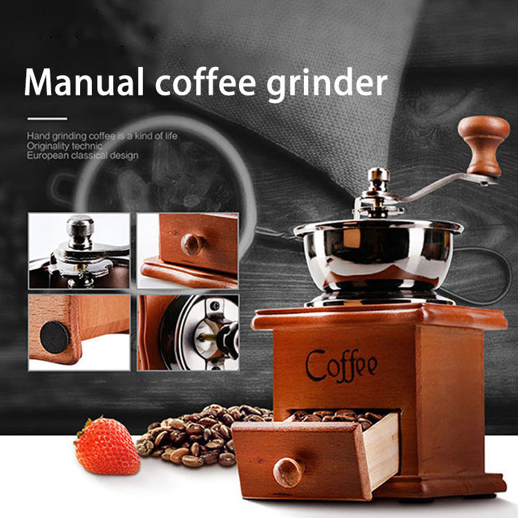 Factory price Portable household mini manual coffee grinder with Log wood handle