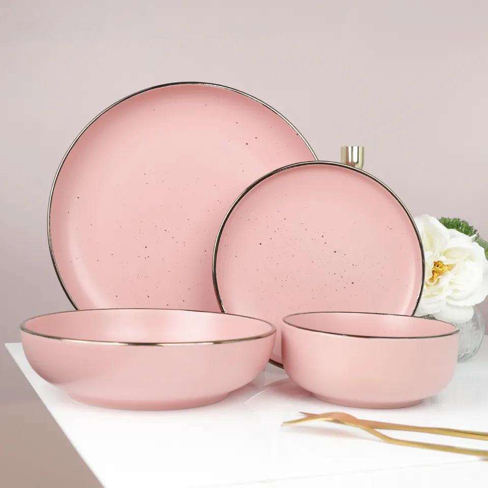 china new design matt white pink blue dinner set dubai wholesale market 16pcs stoneware dinnerware sets luxury with gold rim