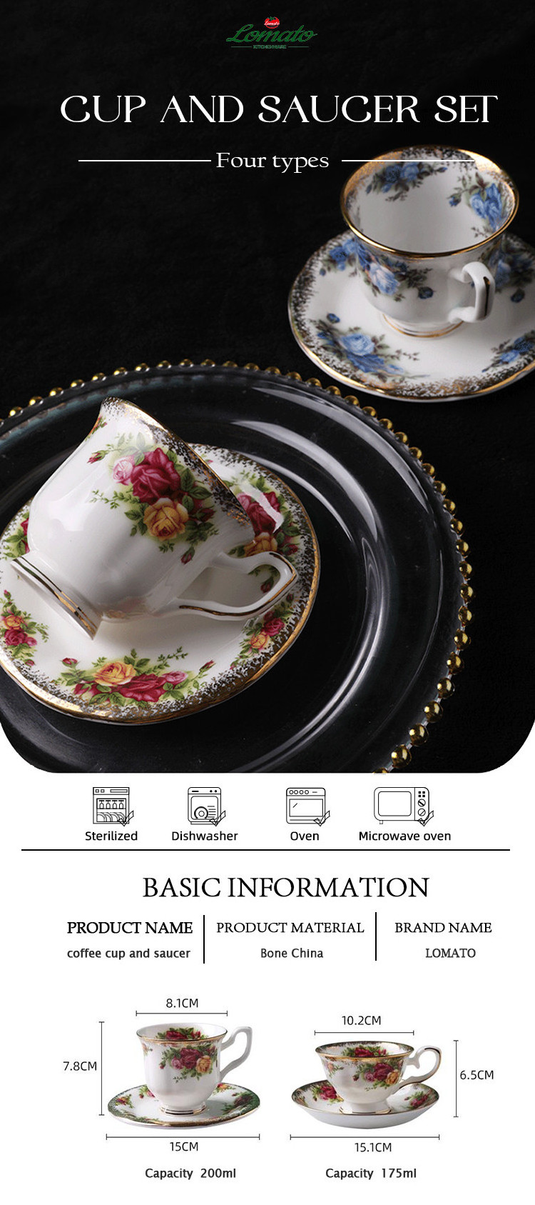 Vintage elegant gold rim bone china porcelain ceramic coffee cup and saucer European style wholesale tea cups and saucers