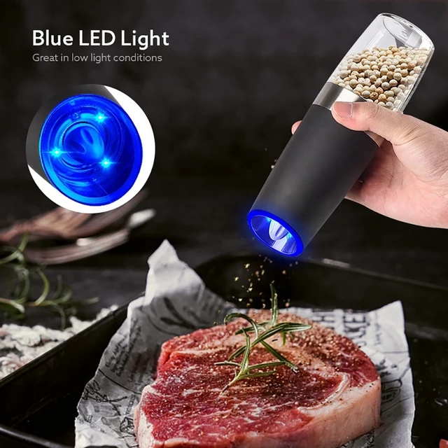 wholesale Price hot sale stainless steel black electric gravity salt and pepper grinder set with blue light