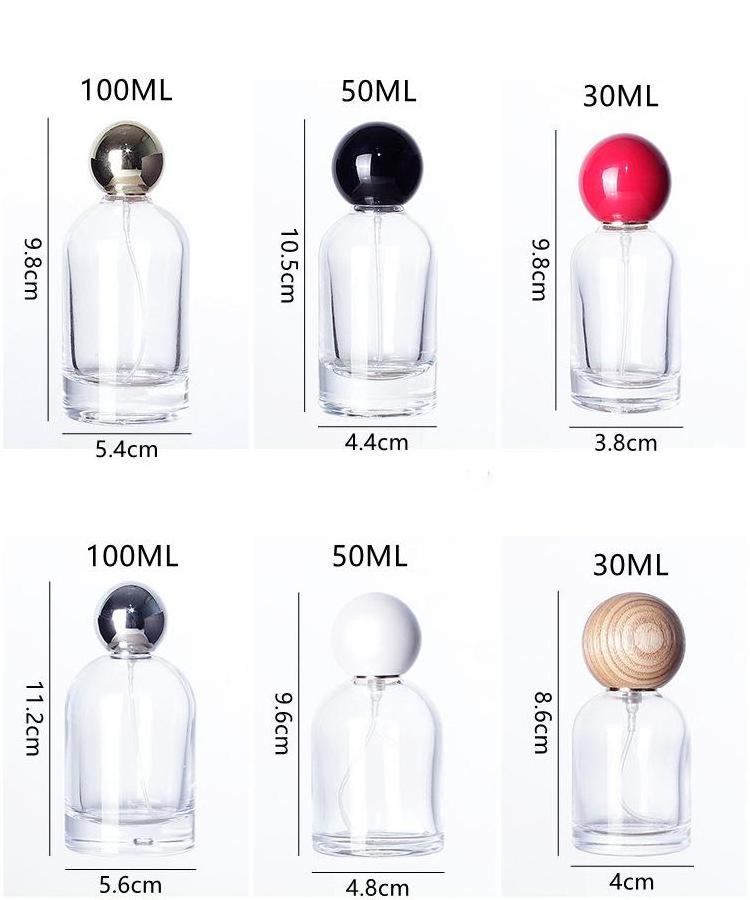 30ml 50ml 100ml Custom Cylinder Clear Round Spray Sphere Ball Cap Glass Perfume Bottles