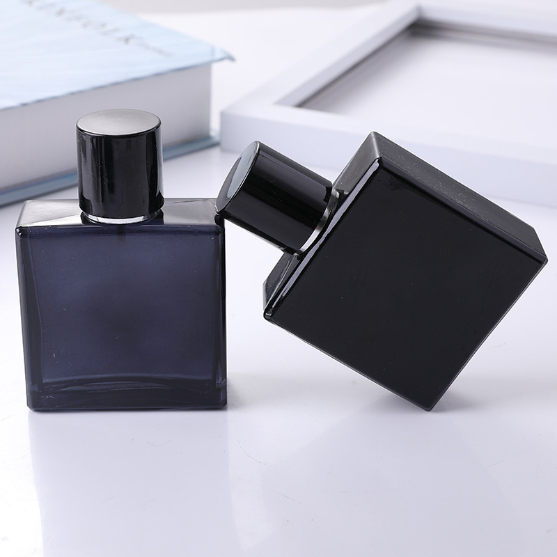 50ml Empty Recyclable Black Dark Blue Flat Square Custom Refillable Glass Screw Perfume Spray Bottle with Box