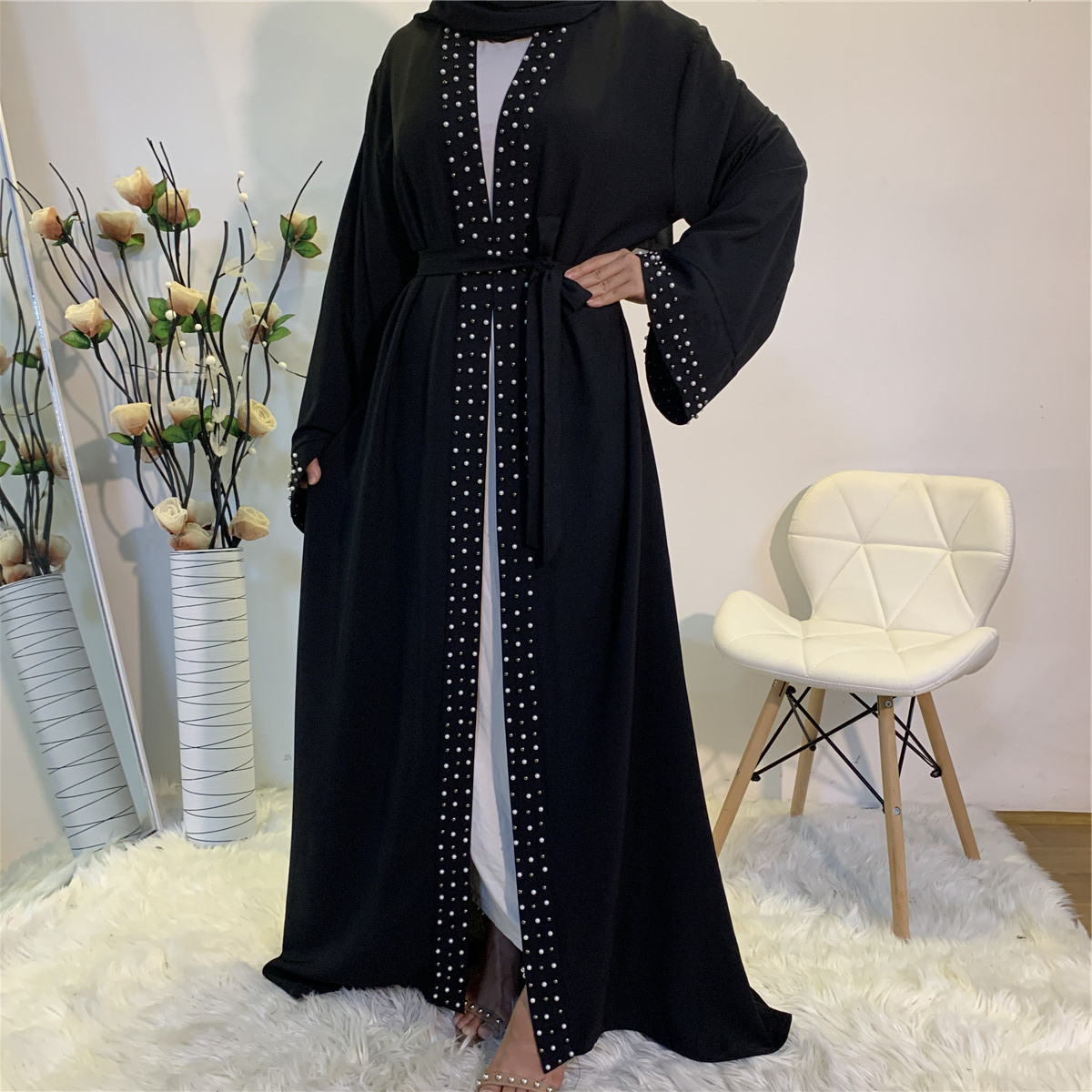 Limanying Islamic solid color fashion simple Party Solid Beaded Dress open abaya dubai 2023 abaya with pearl