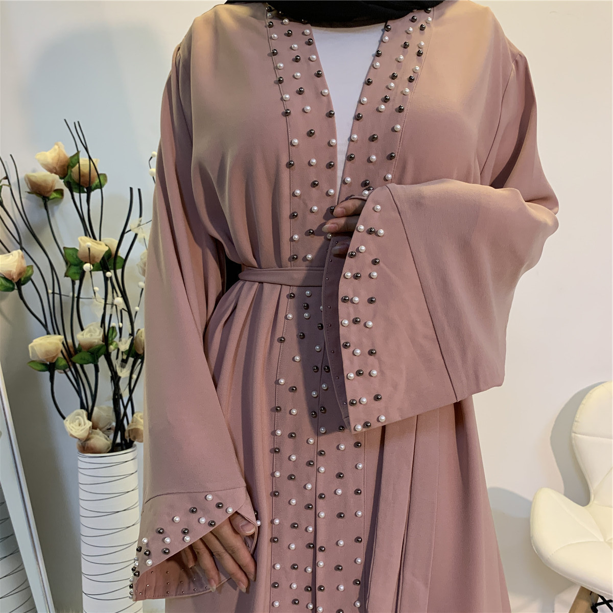 Limanying Islamic solid color fashion simple Party Solid Beaded Dress open abaya dubai 2023 abaya with pearl