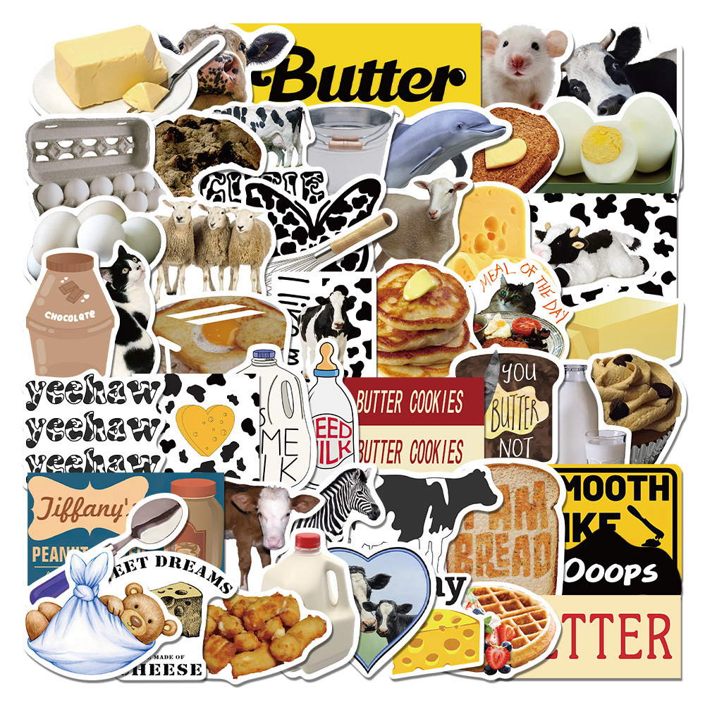 50Pcs Cartoon INS Dairy Cow Butter Decorative Stickers Label For Luggage Laptop Cup Scrapbook Notebook PVC Waterproof Sticker