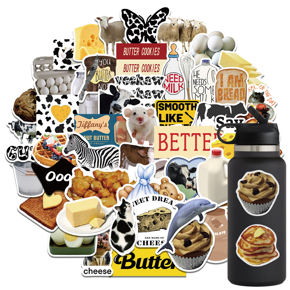 50Pcs Cartoon INS Dairy Cow Butter Decorative Stickers Label For Luggage Laptop Cup Scrapbook Notebook PVC Waterproof Sticker