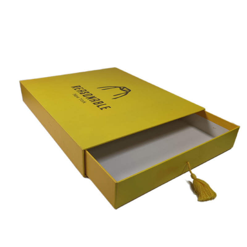 rigid cardboard yellow pull out sliding drawer T shirt custom packaging box for clothes