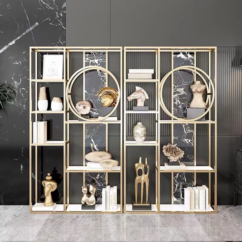 High quality European vertical living room furniture gold steel bookshelf for bedroom library