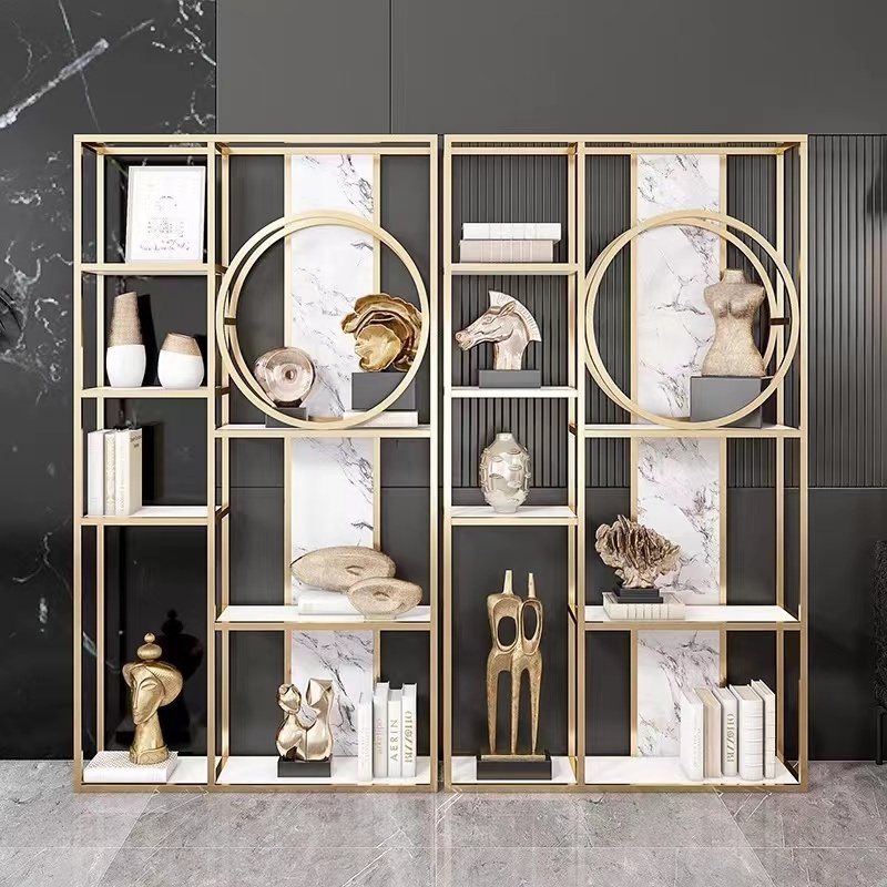 High quality European vertical living room furniture gold steel bookshelf for bedroom library