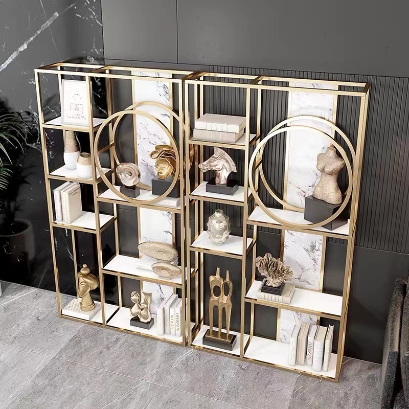 High quality European vertical living room furniture gold steel bookshelf for bedroom library