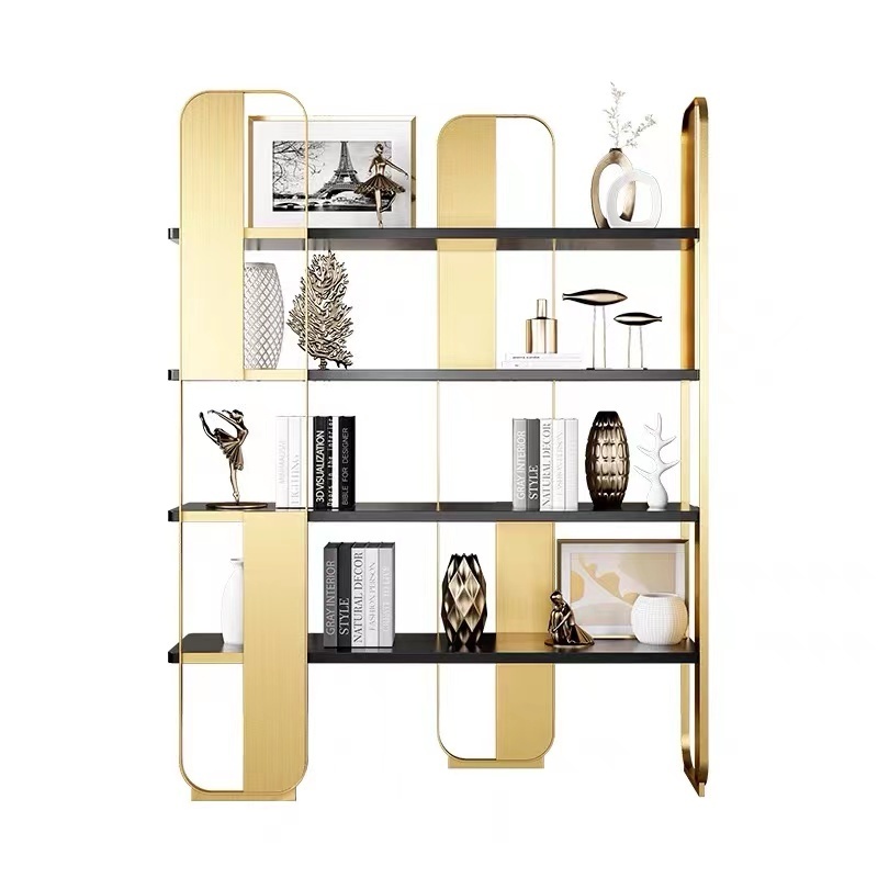 hot-sale contemporary tall gold Marble Stainless steel frame Living room furniture bookshelf for home bedroom