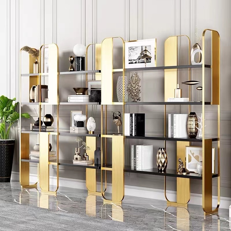 hot-sale contemporary tall gold Marble Stainless steel frame Living room furniture bookshelf for home bedroom