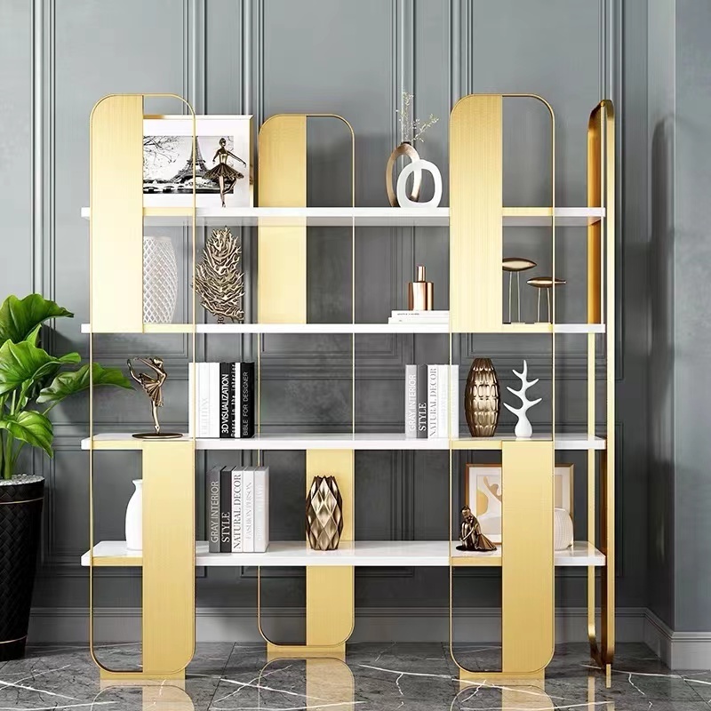 hot-sale contemporary tall gold Marble Stainless steel frame Living room furniture bookshelf for home bedroom