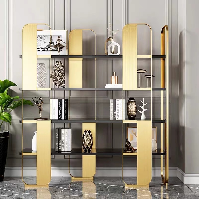 hot-sale contemporary tall gold Marble Stainless steel frame Living room furniture bookshelf for home bedroom