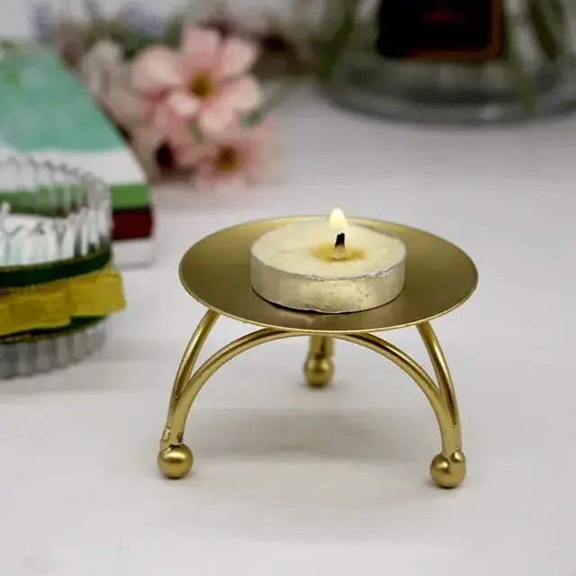 Gold Metal Plate Candle Holder Decorative Iron Pillar Teapot Plate,Candle Stand For Wax Candlesticks For Tea Light Holder