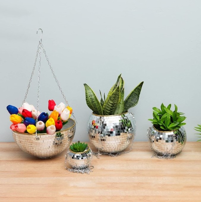 Unique Hanging Disco Ball Planter Pot Plant Hanger For Outdoor Indoor Plants