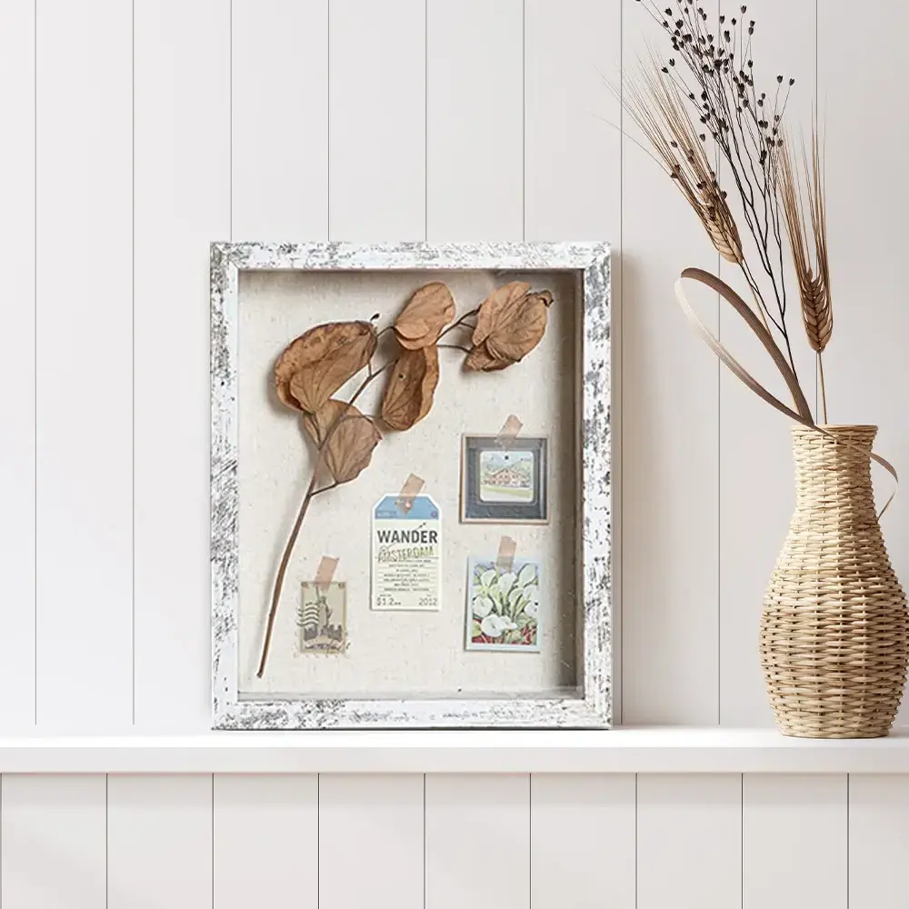 8x10 Shadow Box Frame With Linen Back Distressed White Rustic Picture Frame With Dried Flower